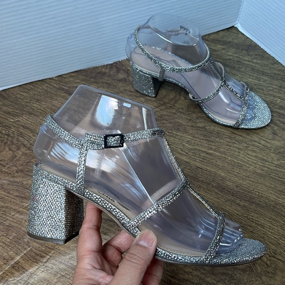 Nina Block Heel Evening Sandals Silver Strap Sandals Heels Size 6.5 - Picture 3 of 15